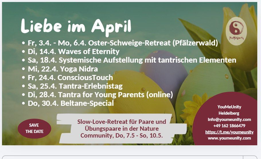 Das Programm von YouMeUnity Tantra Tanz Transformation in Heidelberg und Süddeutschland inklusive Tantra-Osterretreat