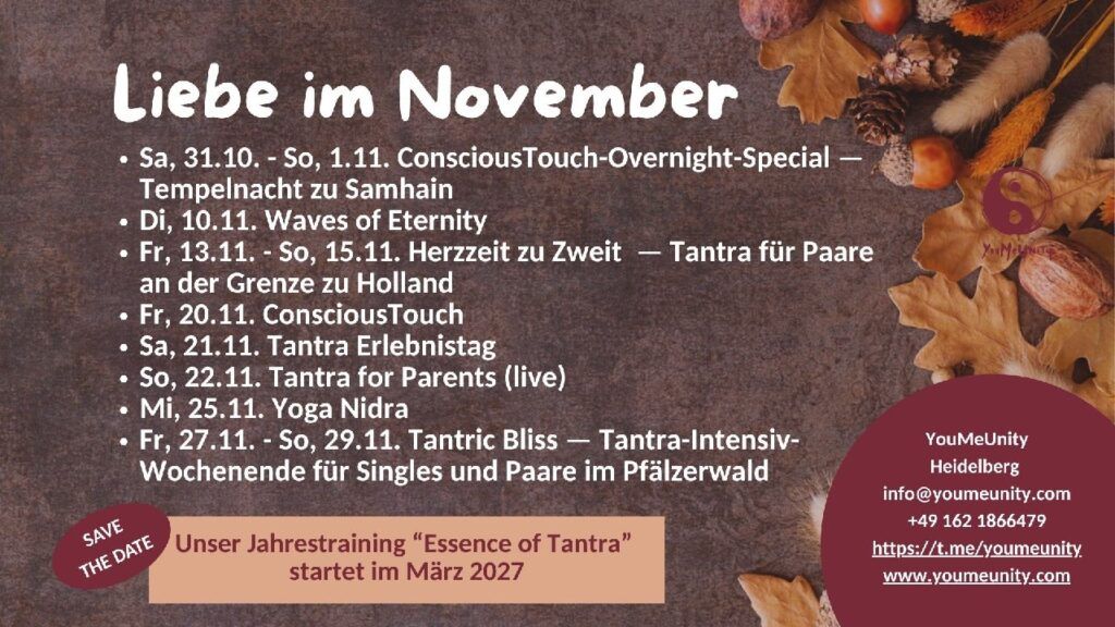 In weißer Schrift auf dunklem Herbst-Hintergrund finden sich alle Events von YouMeUnity im November